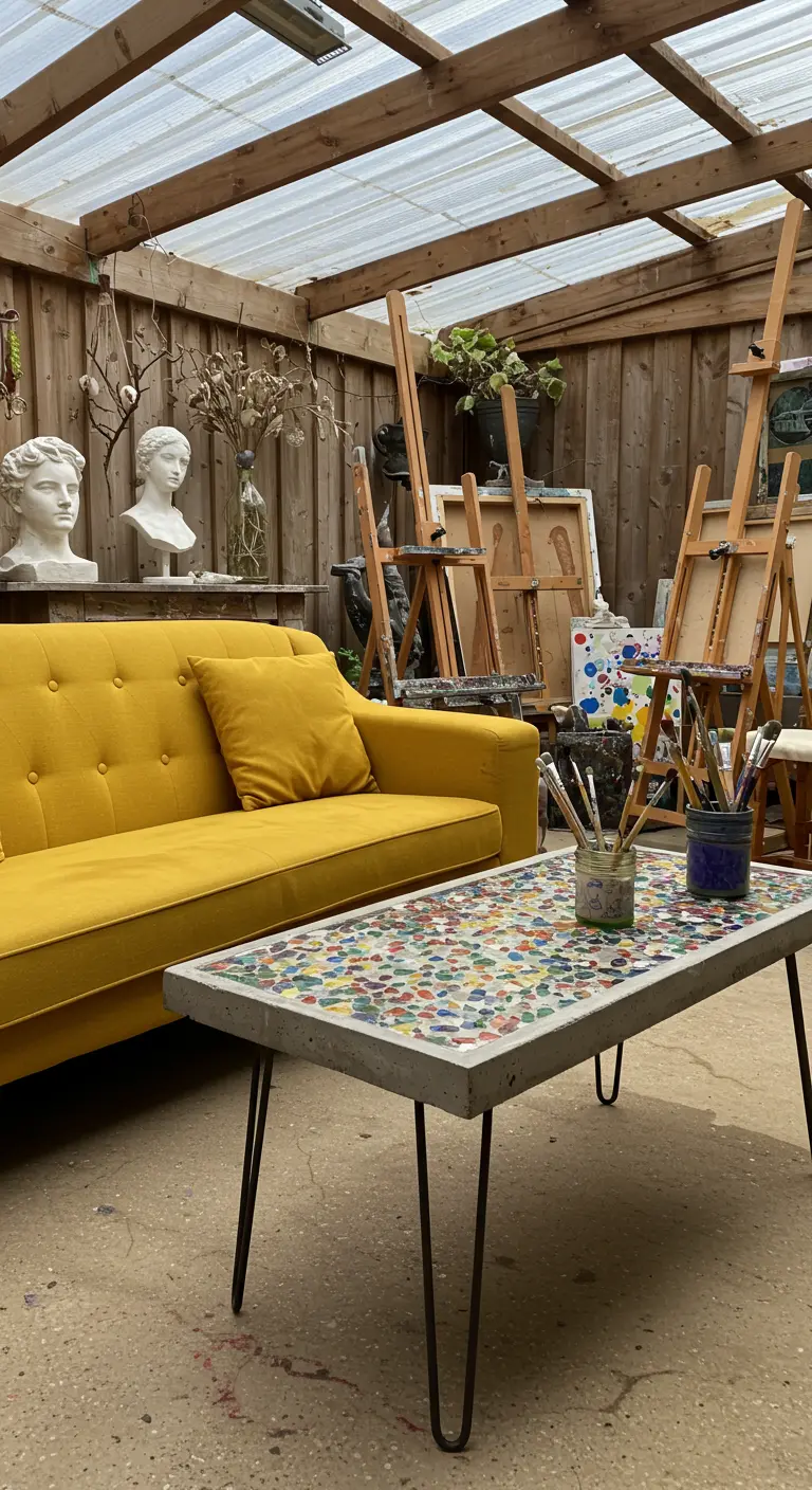 A mustard sofa in an art studio next to a handmade mosaic tile coffee table with hairpin legs.