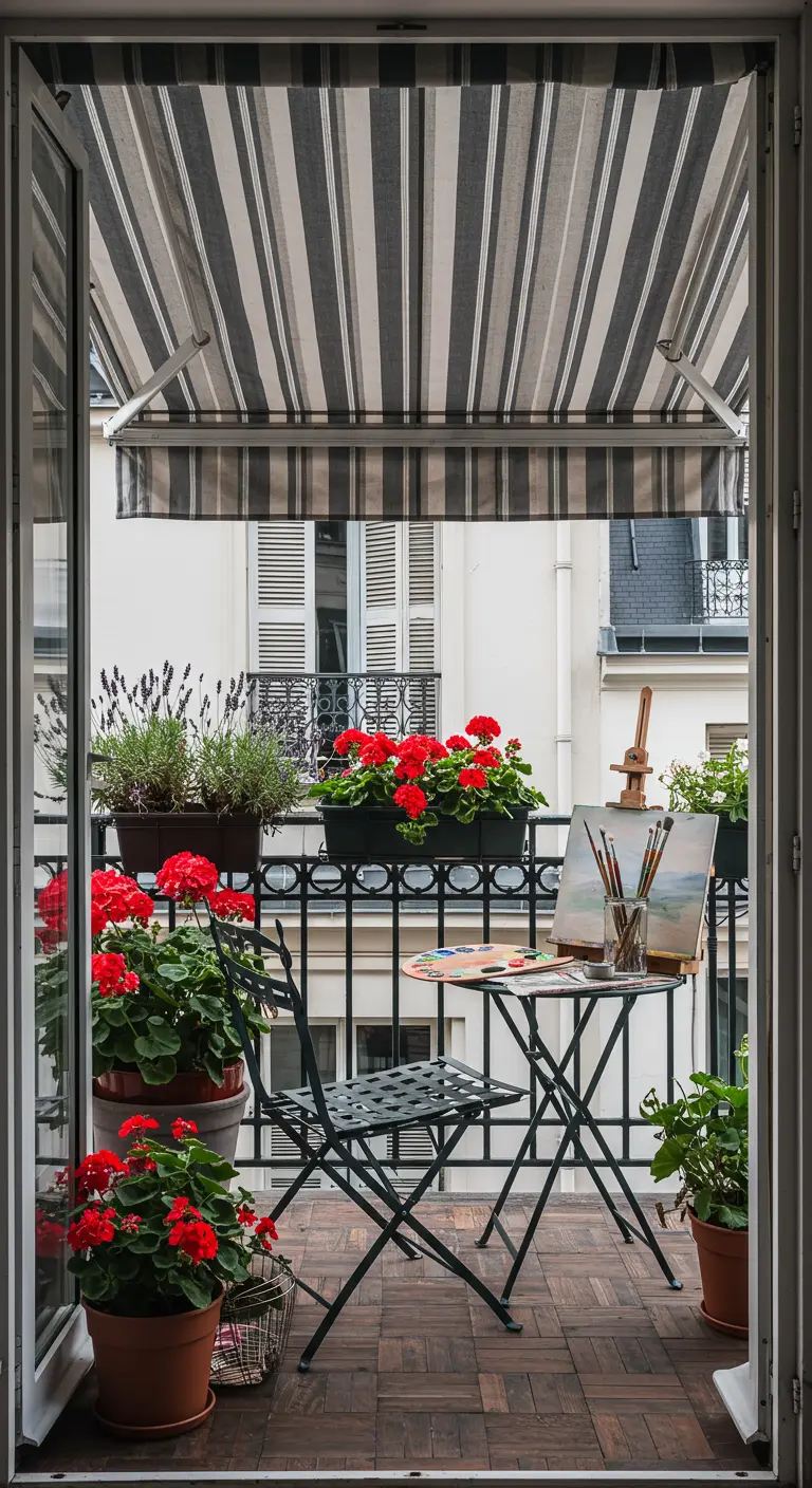 An artist's balcony with a bistro set, red geraniums, and an easel with a painting.