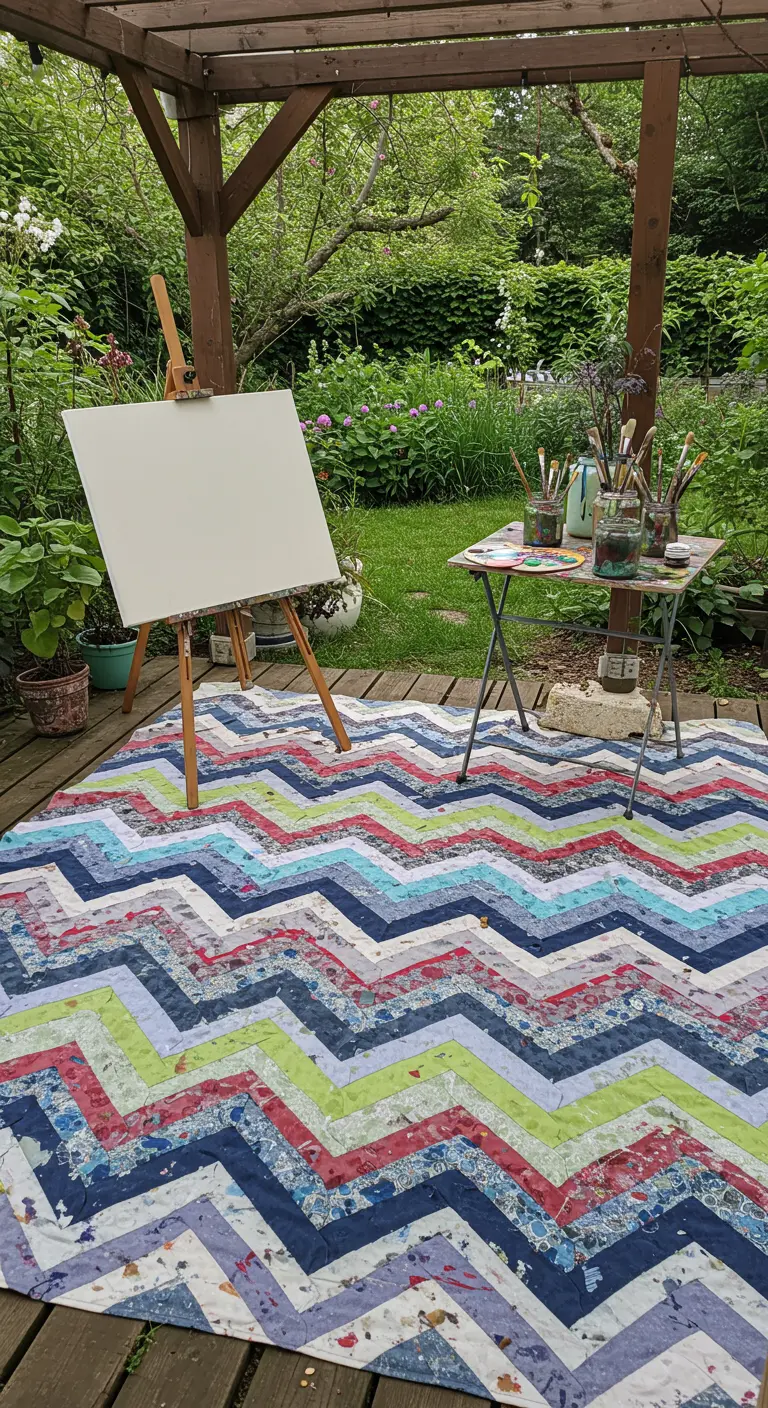 A colorful, paint-splattered chevron rug on a deck with an artist's easel and supplies.