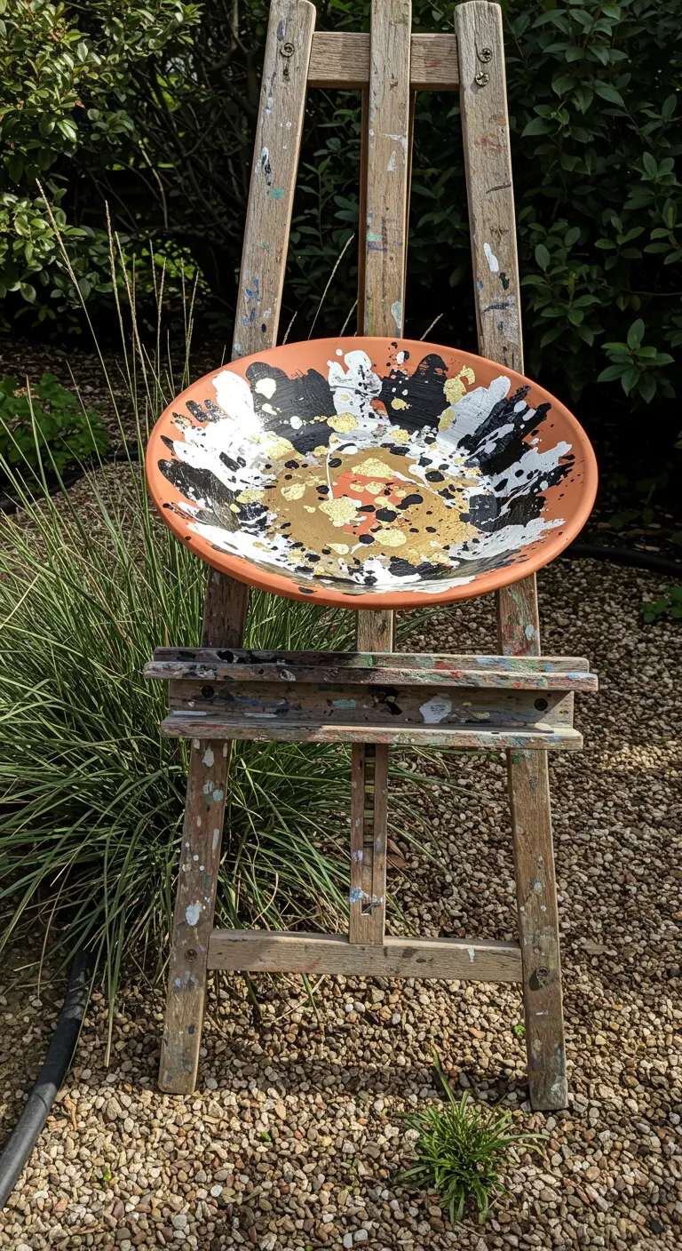 An abstract, paint-splattered birdbath saucer resting on a paint-covered artist's easel.