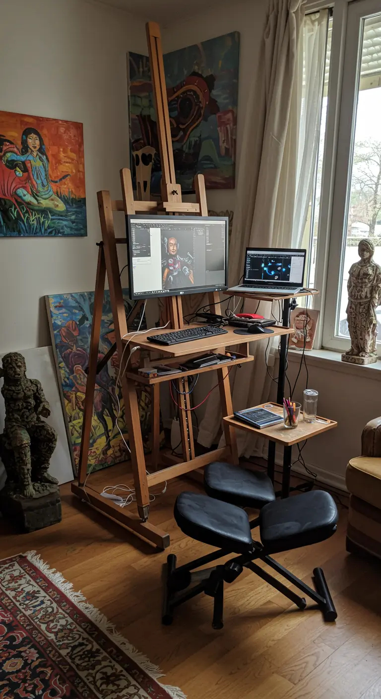 An artist's easel adapted to hold a monitor and laptop, serving as a standing desk in a creative space.