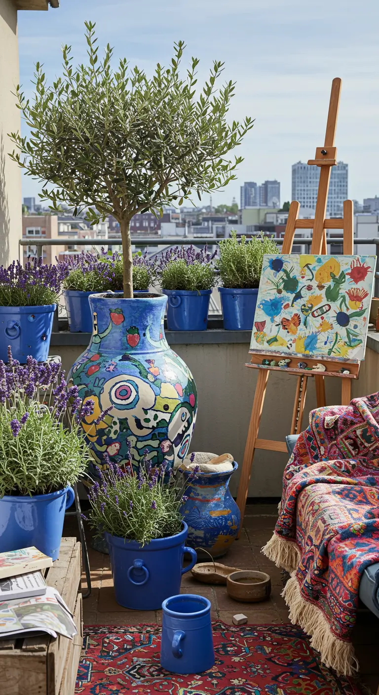 An artistic balcony with a painted pot, an easel, a patterned rug, and lavender.