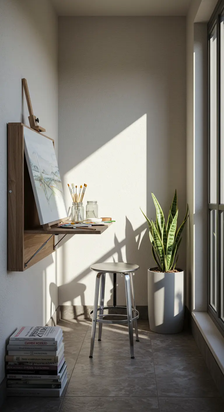 A minimalist balcony corner repurposed as an artist's studio with a fold-down easel and stool.