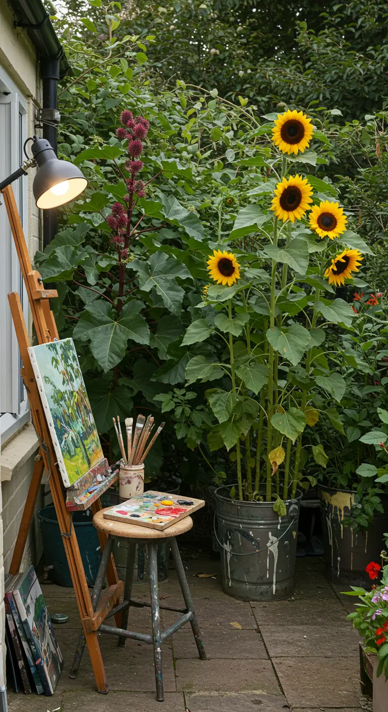 An artist's easel and stool set up in a garden next to tall sunflowers.