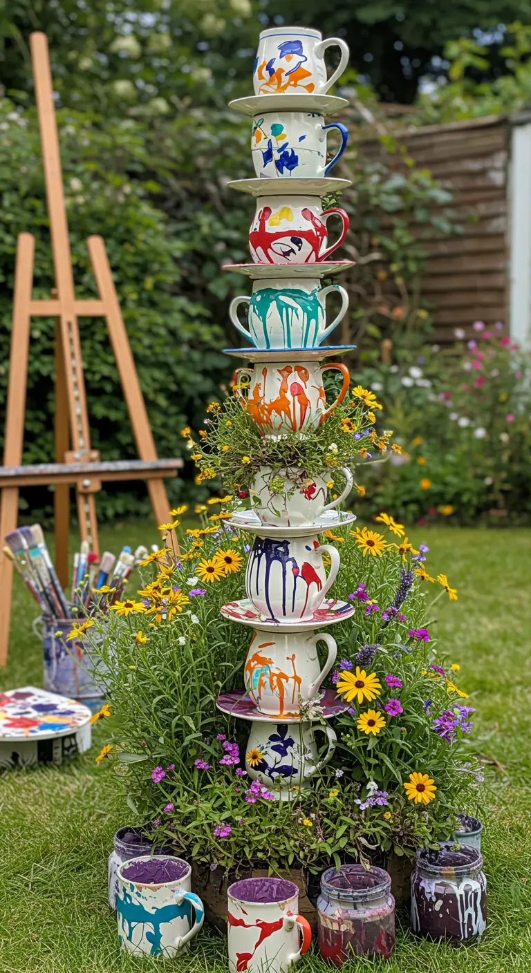 A teacup tower with colorful paint splatters, filled with yellow wildflowers in a garden.