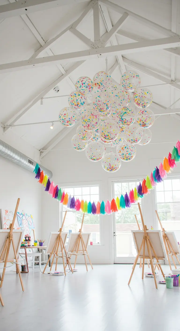 A white art studio with a cloud of confetti balloons on the ceiling and a bright rainbow tassel garland.