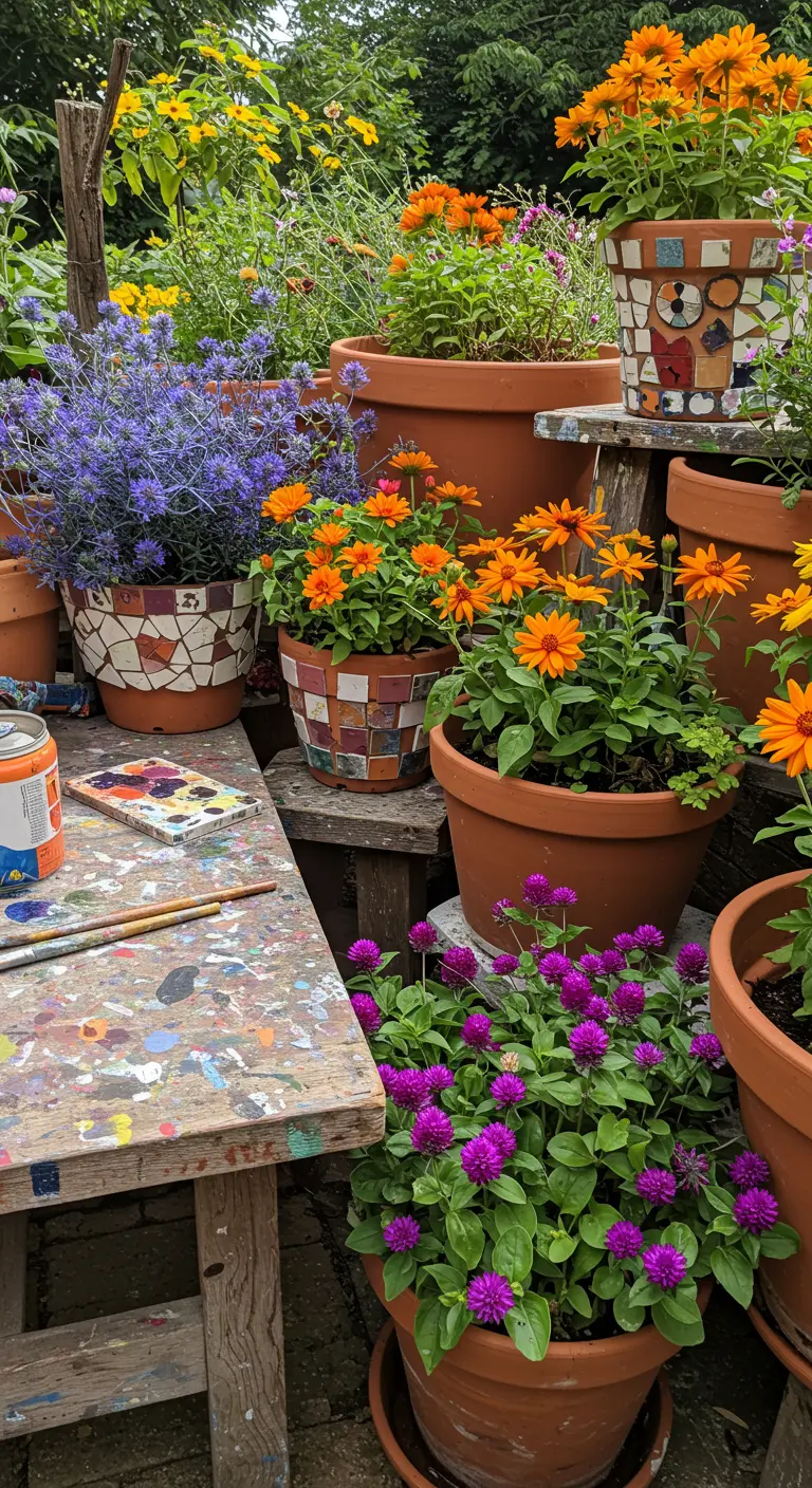 A creative garden space with mosaic-decorated pots, a paint-splattered table, and colorful flowers.