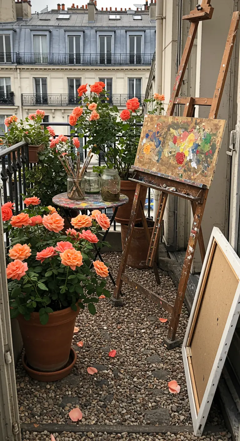 An artist's easel and painting supplies on a pebble balcony surrounded by coral roses.
