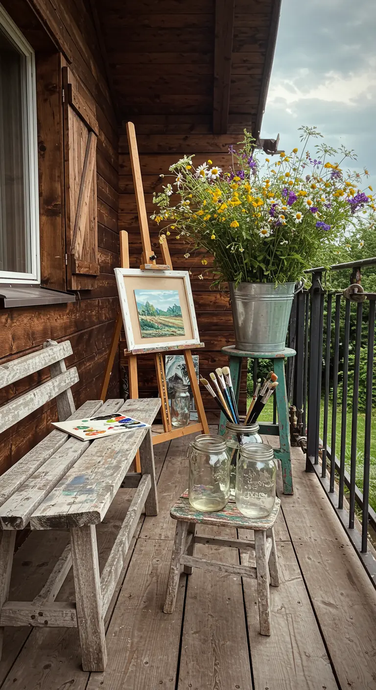 A rustic balcony with an artist's easel, paint supplies, and a large bucket of wildflowers.