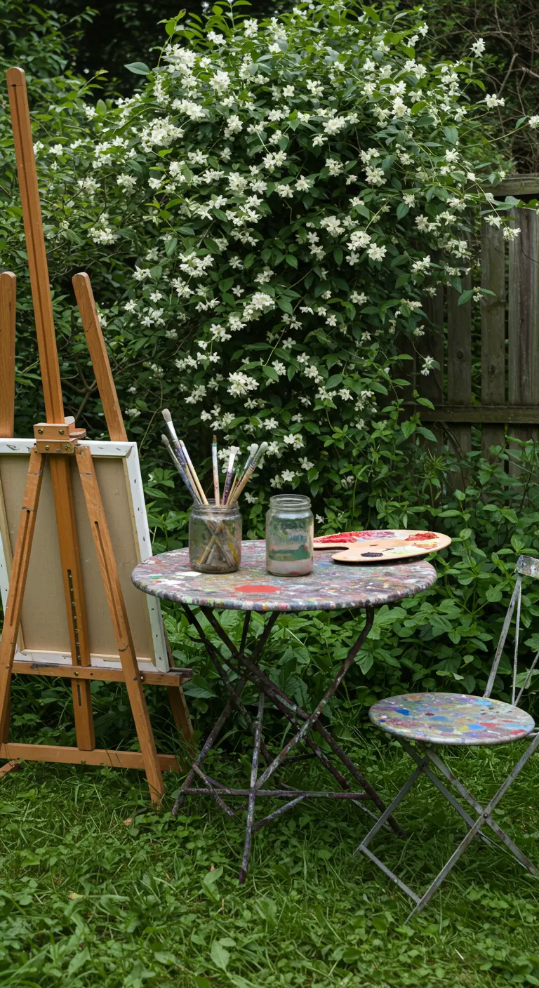 A paint-splattered bistro set next to an artist's easel in a lush garden setting.
