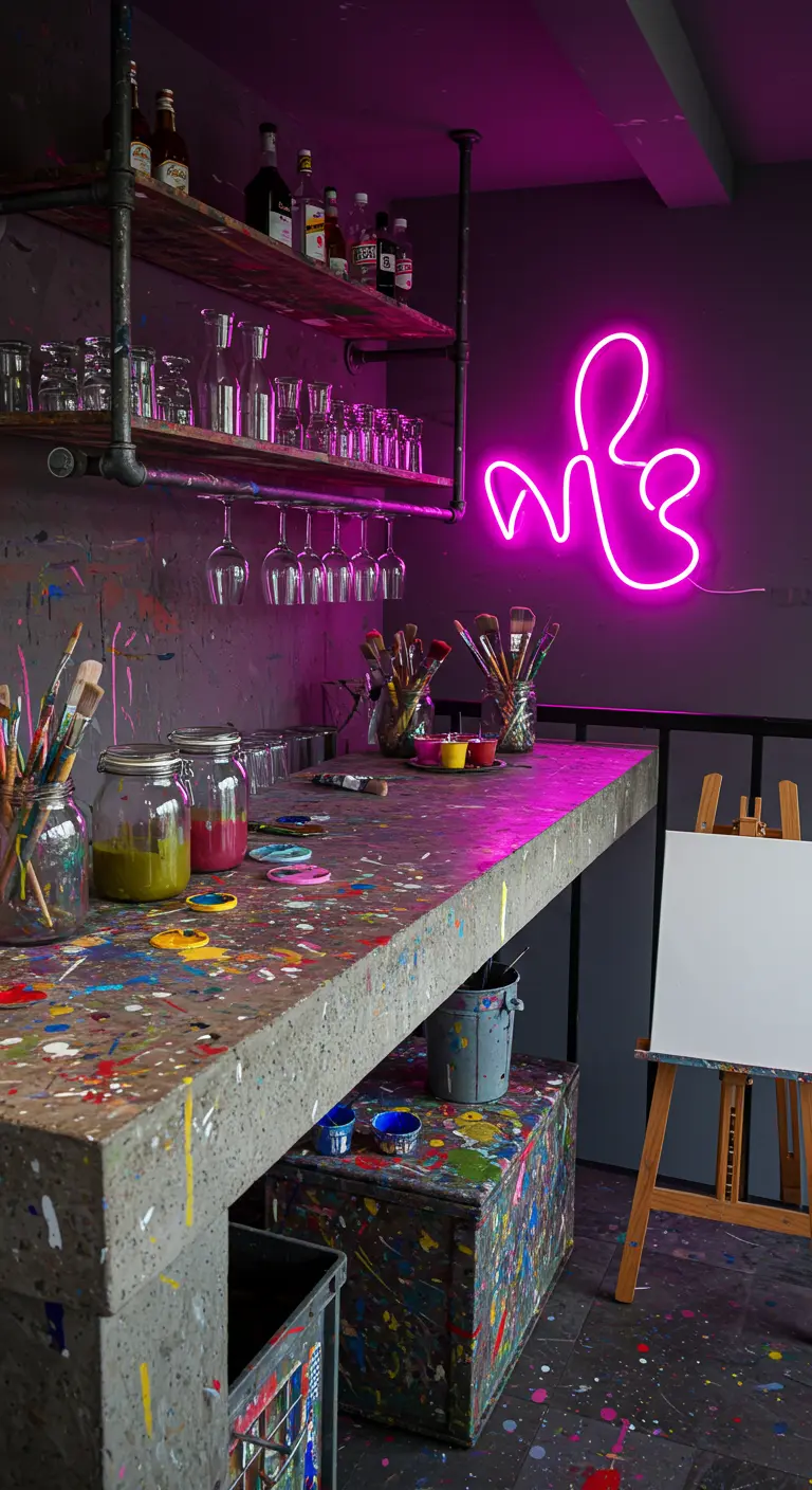 An artist's studio balcony bar with a paint-splattered concrete countertop and abstract neon sign.