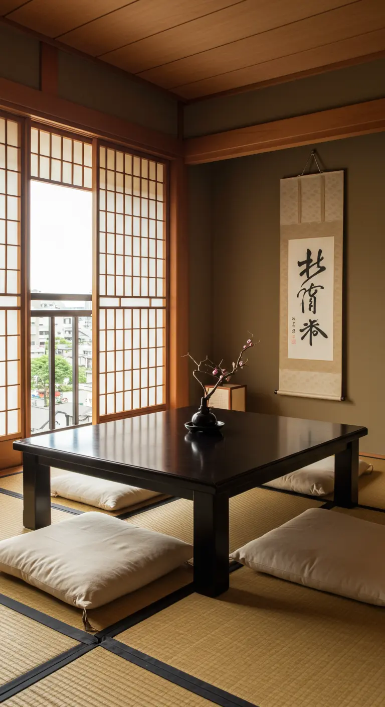 A minimalist room with a dark wood table and a Japanese calligraphy scroll hanging on the wall.