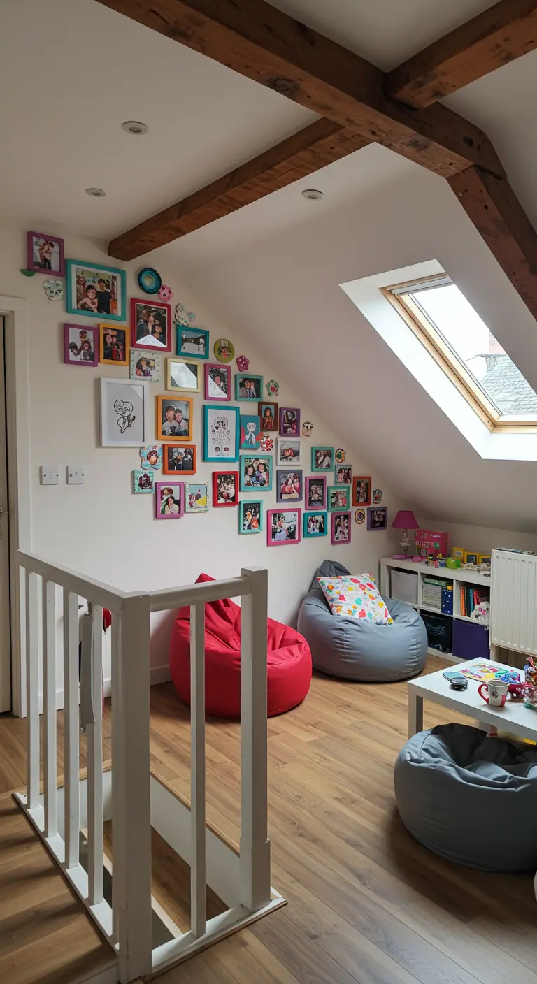 A playful gallery wall with colorful frames following the slope of an attic ceiling.