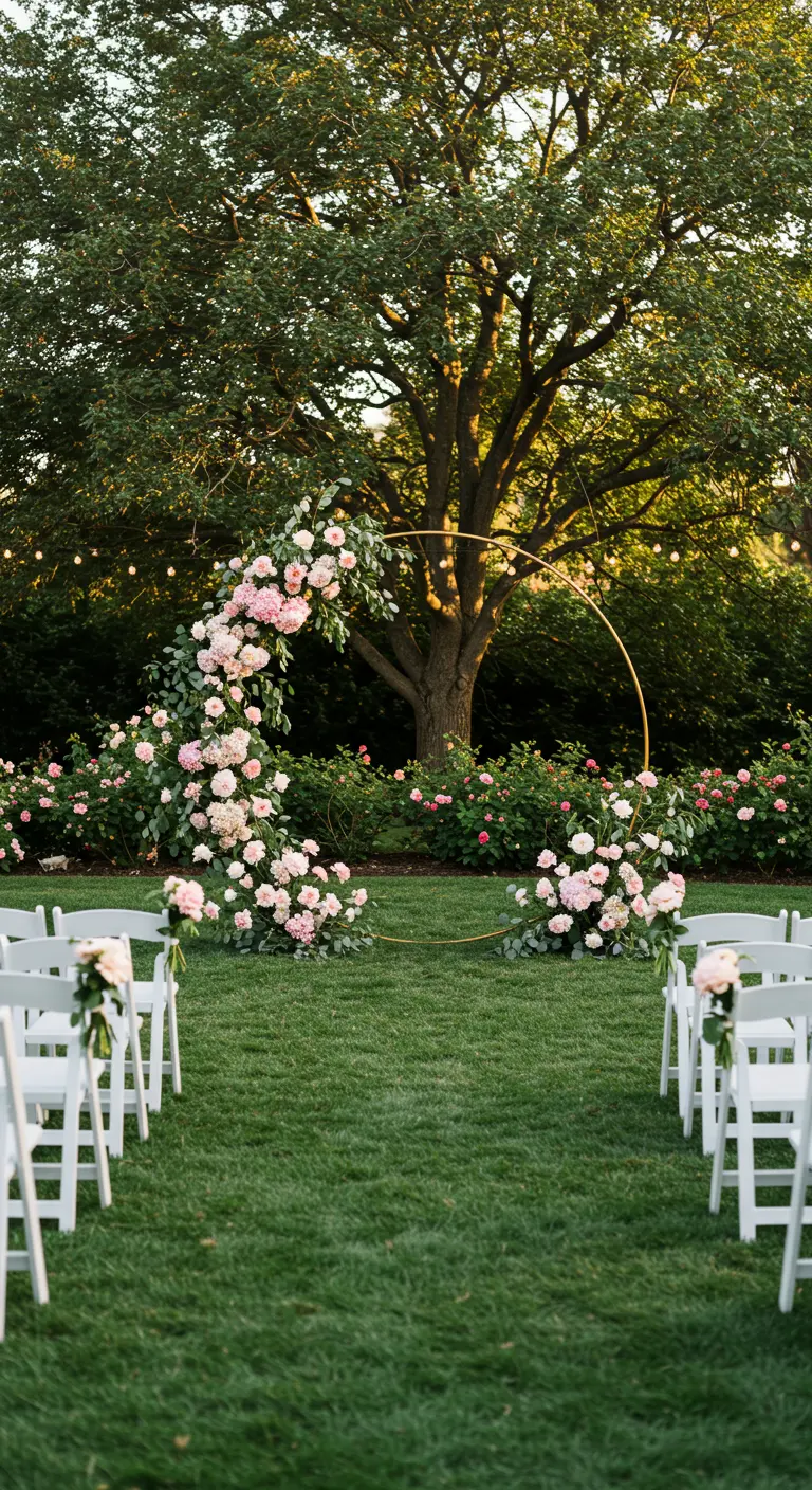 Gold hoop wedding arch with pink and white flowers on a lush green lawn.