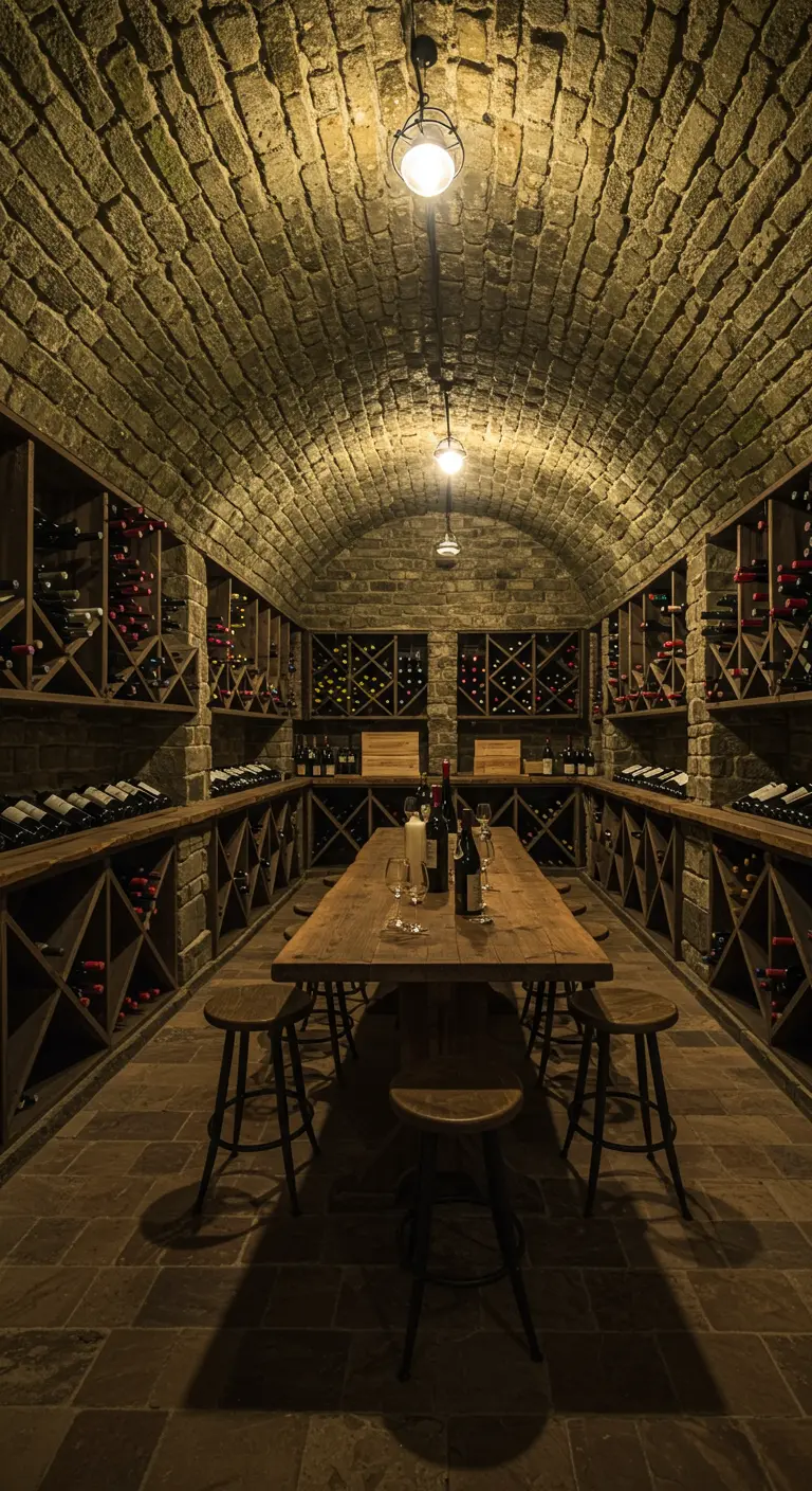 A wine cellar with a vaulted brick ceiling and a long wooden tasting table.
