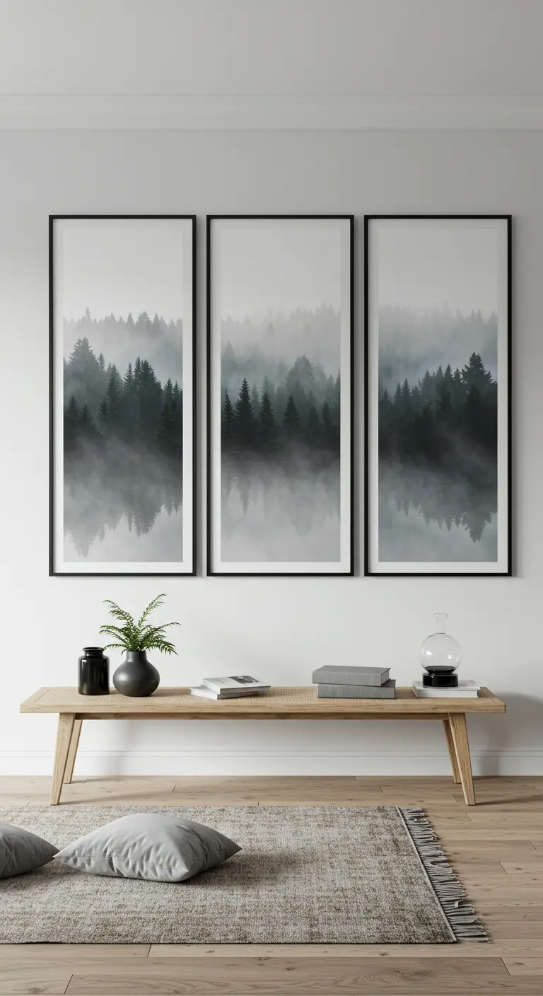 A triptych of a foggy forest landscape hangs above a minimalist wooden bench.