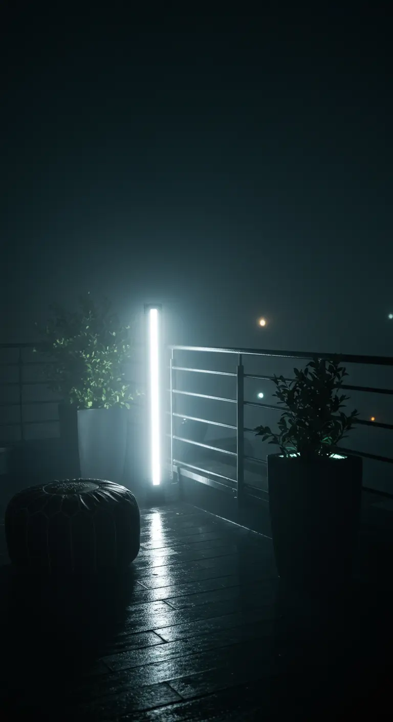 A dark, foggy rooftop with a single glowing light tube illuminating a wet deck and a pouf.