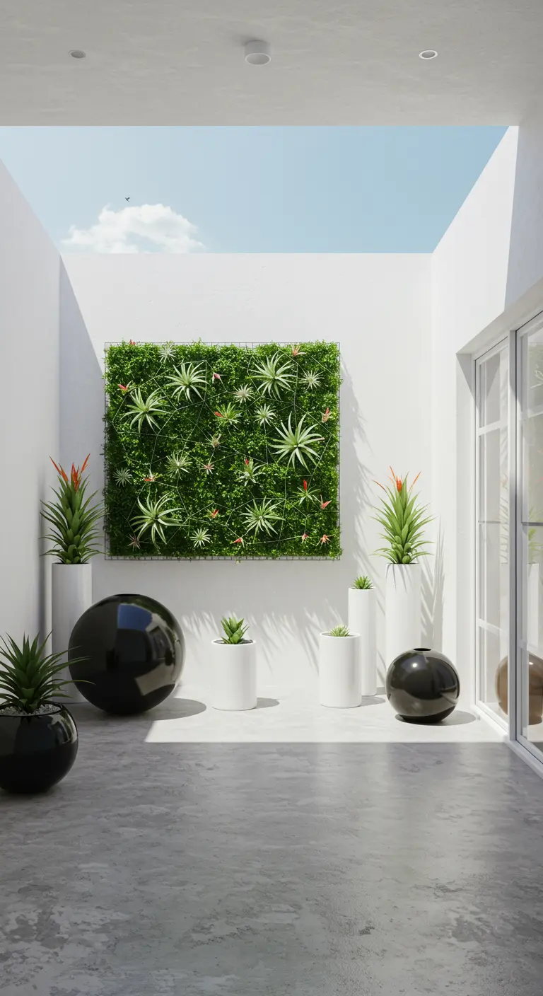 A bright white atrium with a wall of air plants and large spherical planters.