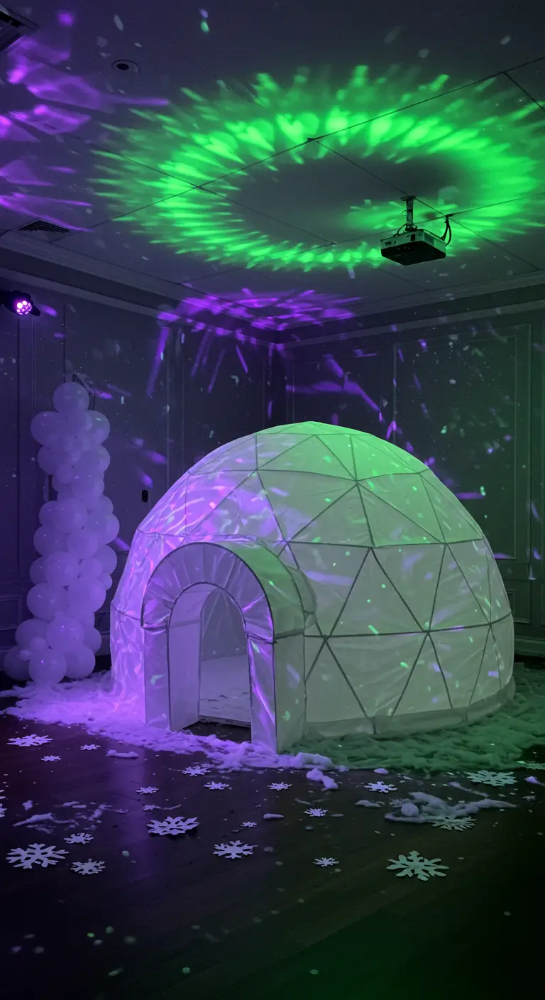 A fabric igloo tent glowing under green and purple projected lights in a dark room.