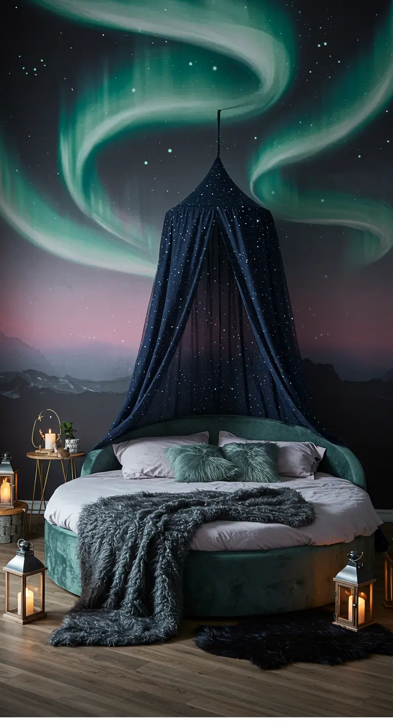 Bedroom with Northern Lights mural, round bed, and dark starry canopy.