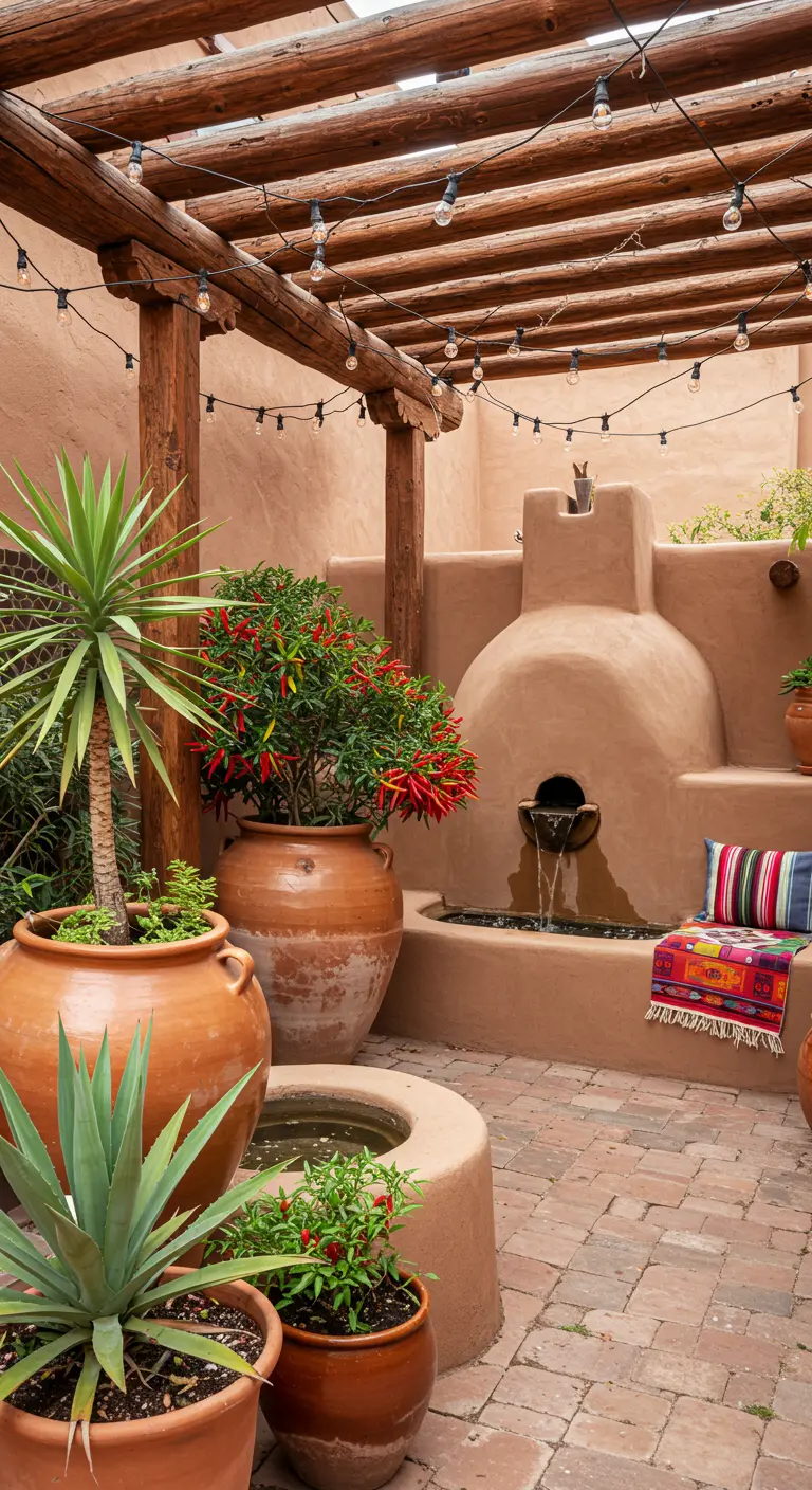An adobe-style patio with a kiva fireplace fountain, chili plants, and rustic terracotta pots.