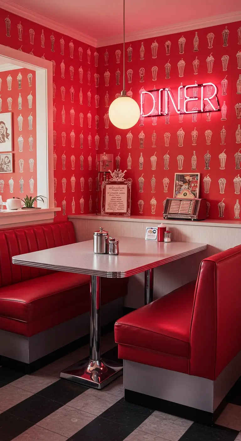 A classic red diner booth with milkshake-patterned wallpaper and a pink neon