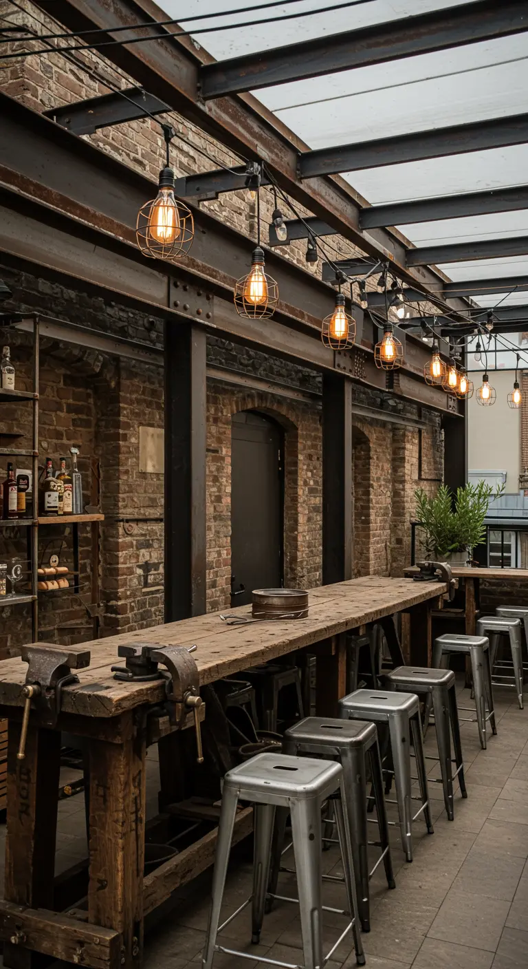 Long wooden workbench repurposed as a bar, with vises and metal stools.