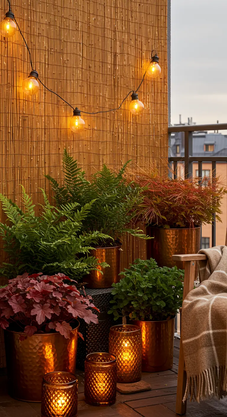 A cozy autumn balcony with copper planters, red-leafed plants, and warm candle lanterns.
