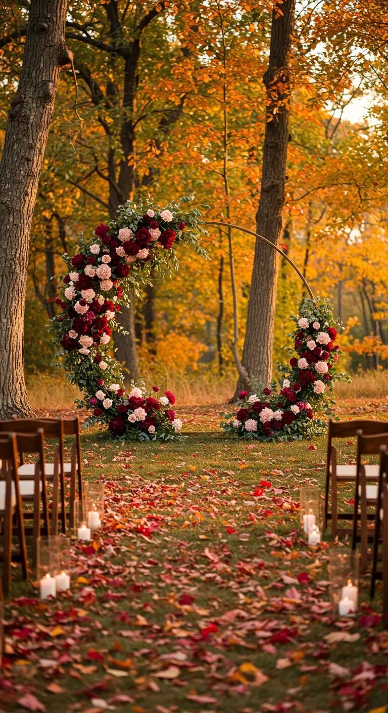 Circular wedding arch covered in red and pink roses in a forest with autumn foliage.