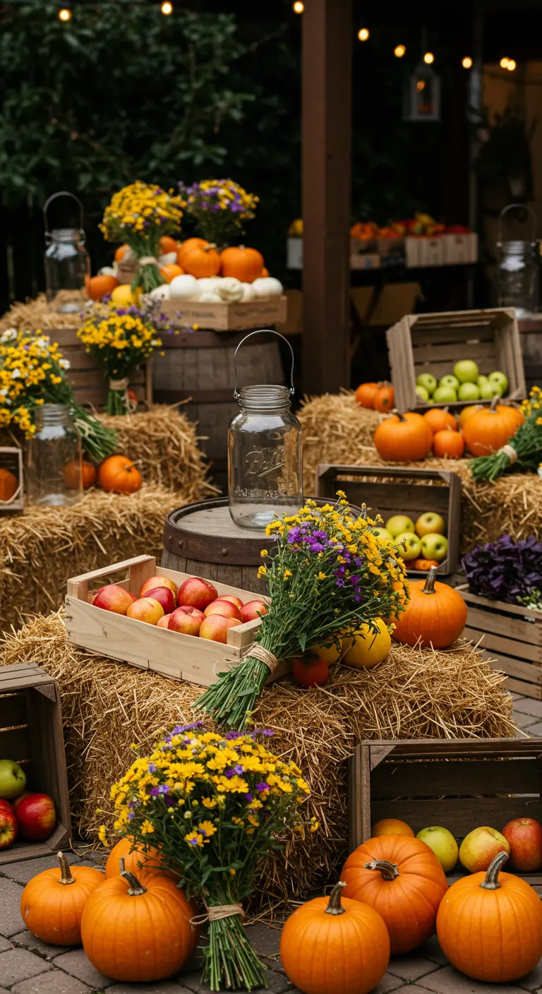 A fall display with hay bales, pumpkins, apples, and bouquets of autumn flowers.