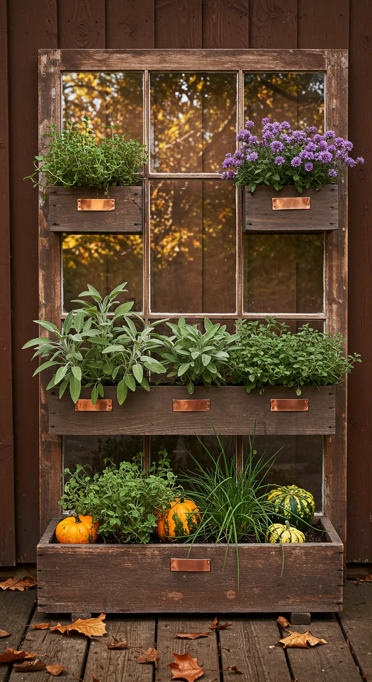A dark wood window frame planter styled for fall with herbs, purple flowers, and small decorative gourds.