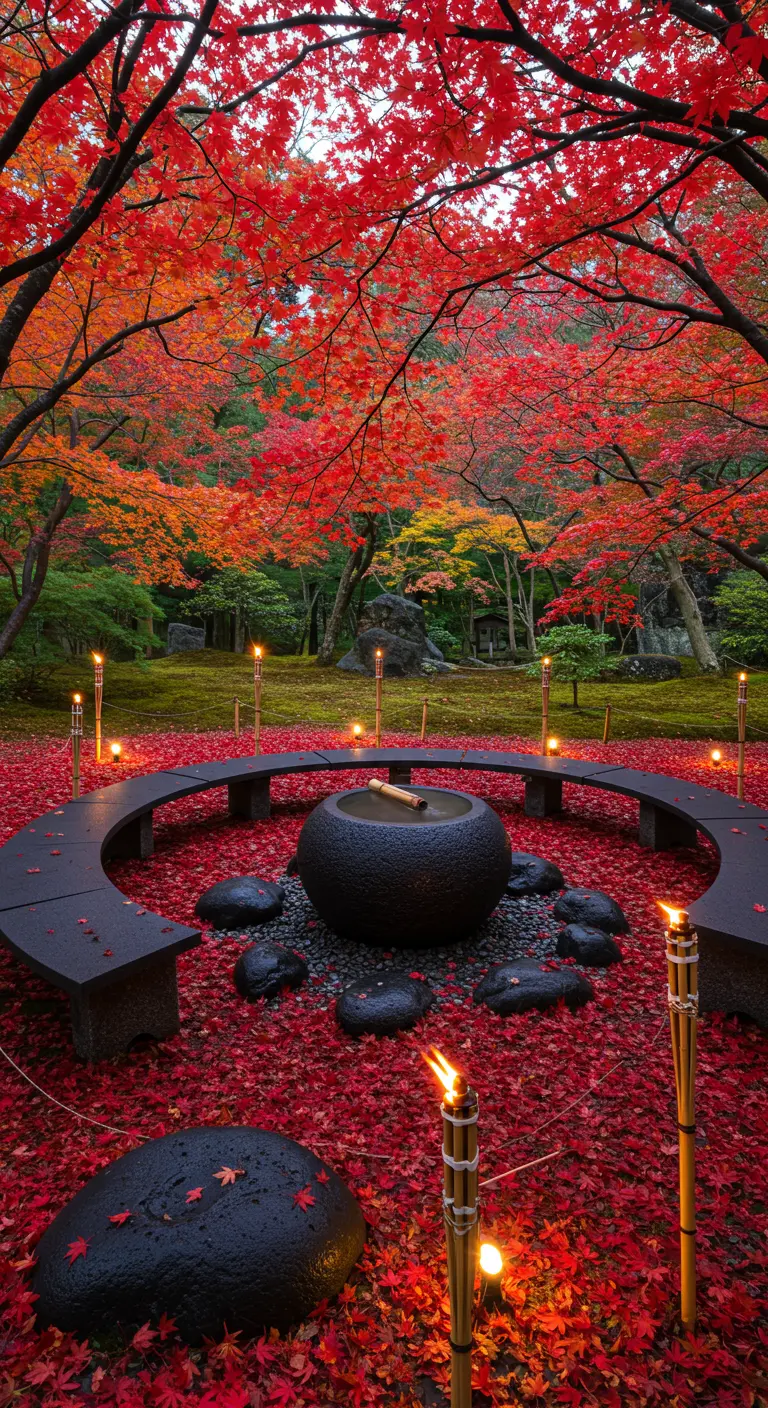 A seating circle with black benches and a basin under the brilliant red canopy of maple trees.