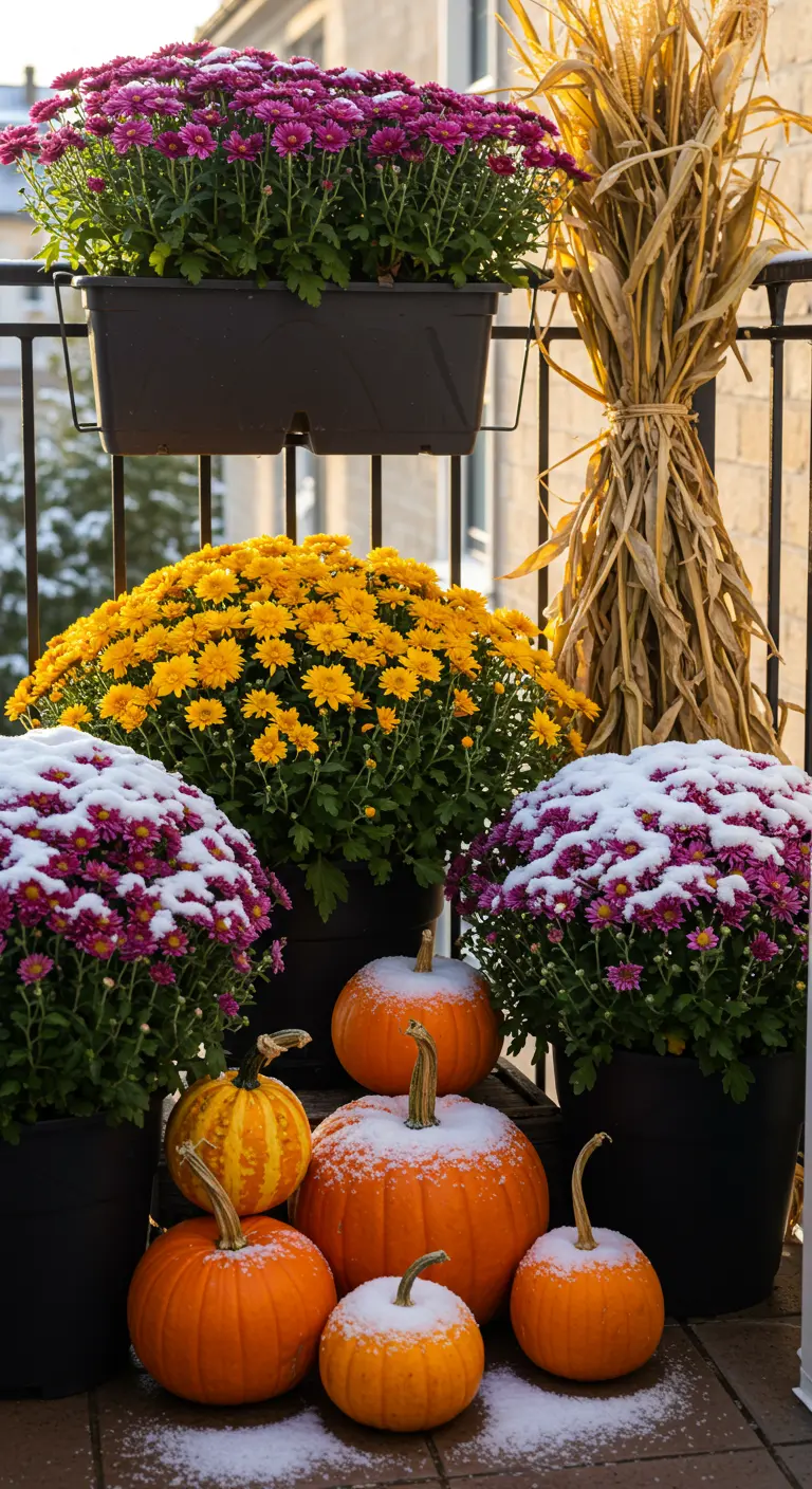 A late autumn balcony display with colorful mums and pumpkins lightly dusted with snow.