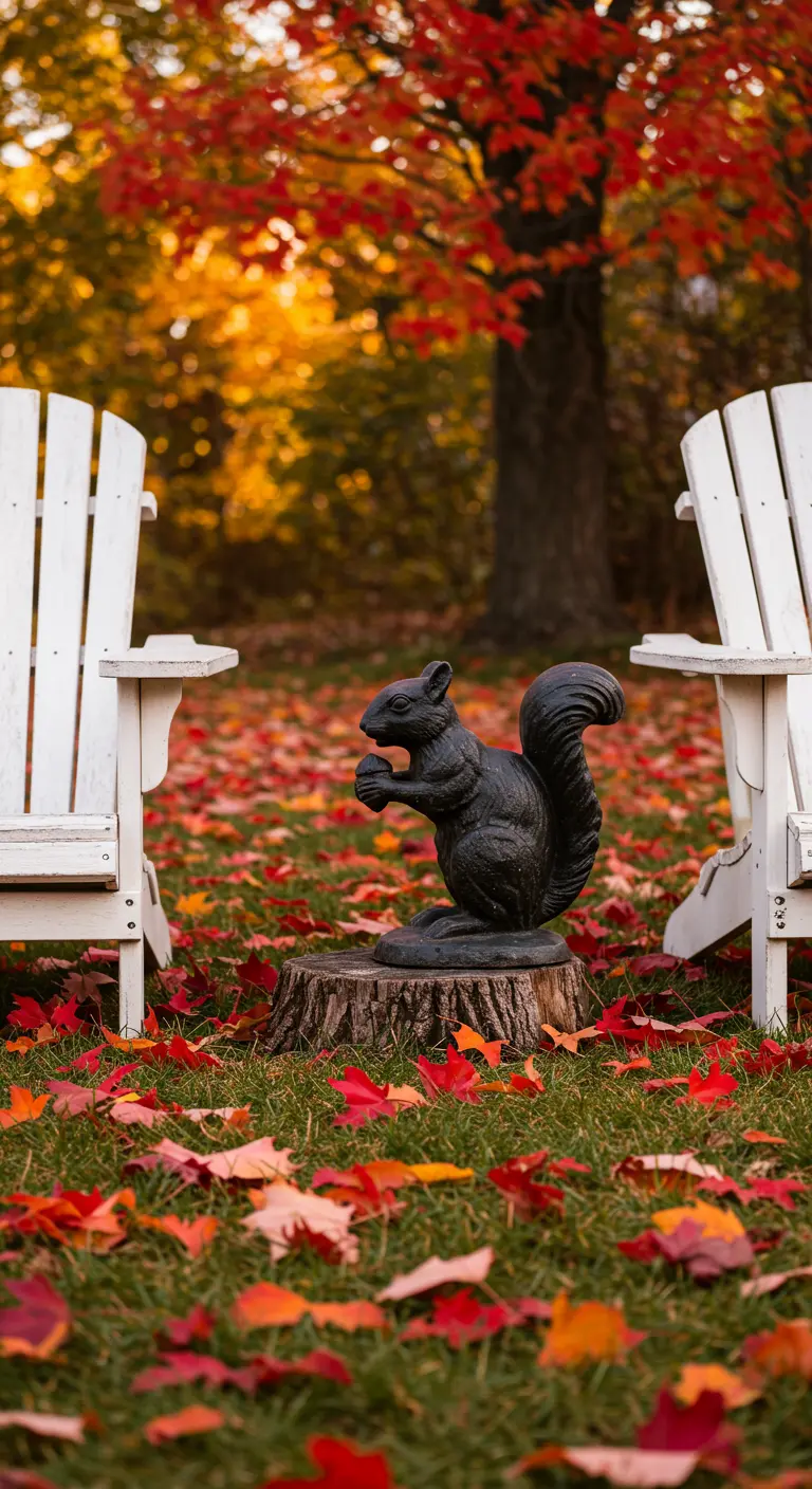 A black squirrel statue on a tree stump sits between two white chairs on a lawn covered in fall leaves.
