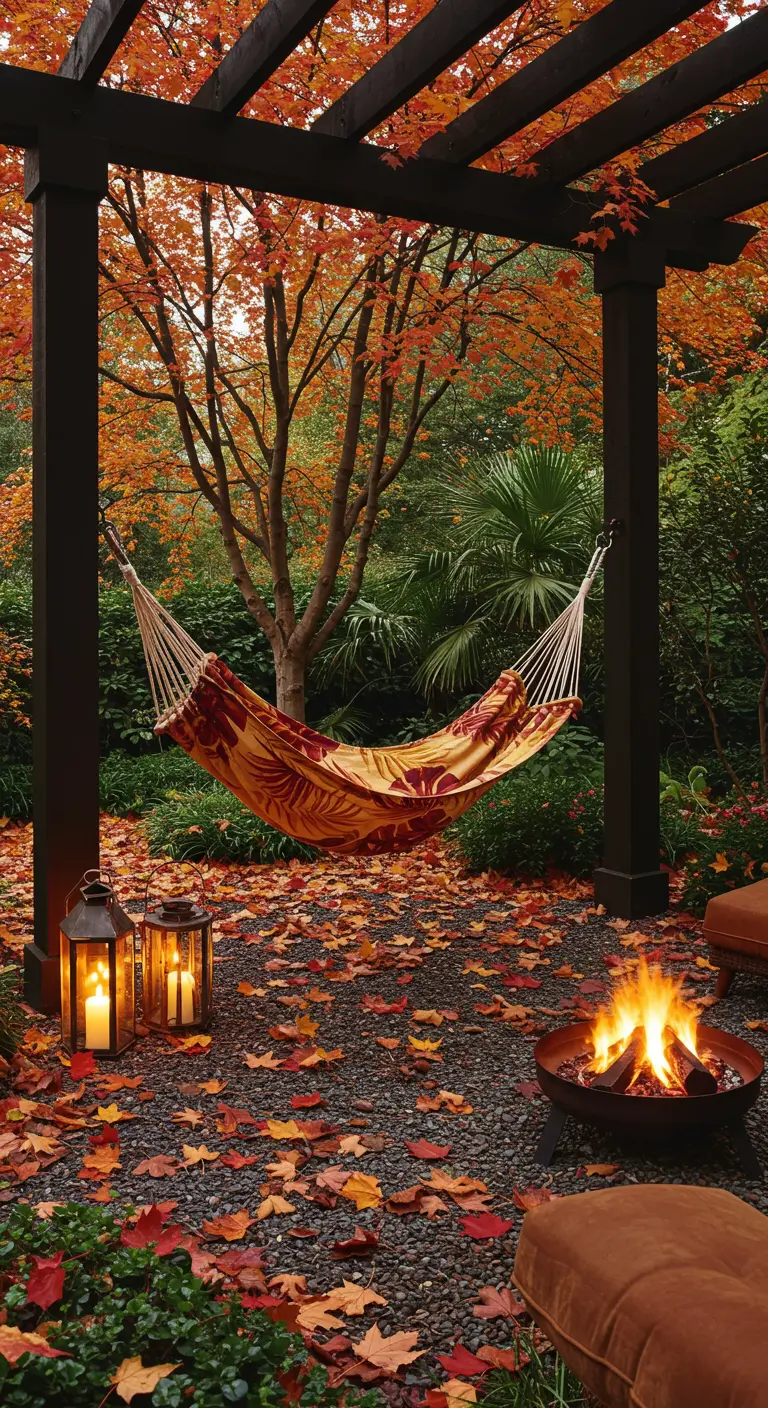 An autumn-leaf-print hammock under a pergola, surrounded by fall leaves, a fire pit, and lanterns.