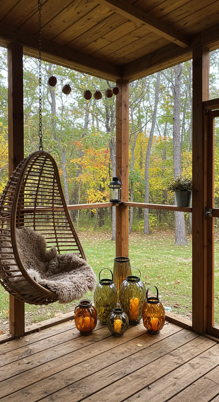 A hanging rattan chair on a wooden porch with a cluster of amber and green glass lanterns.