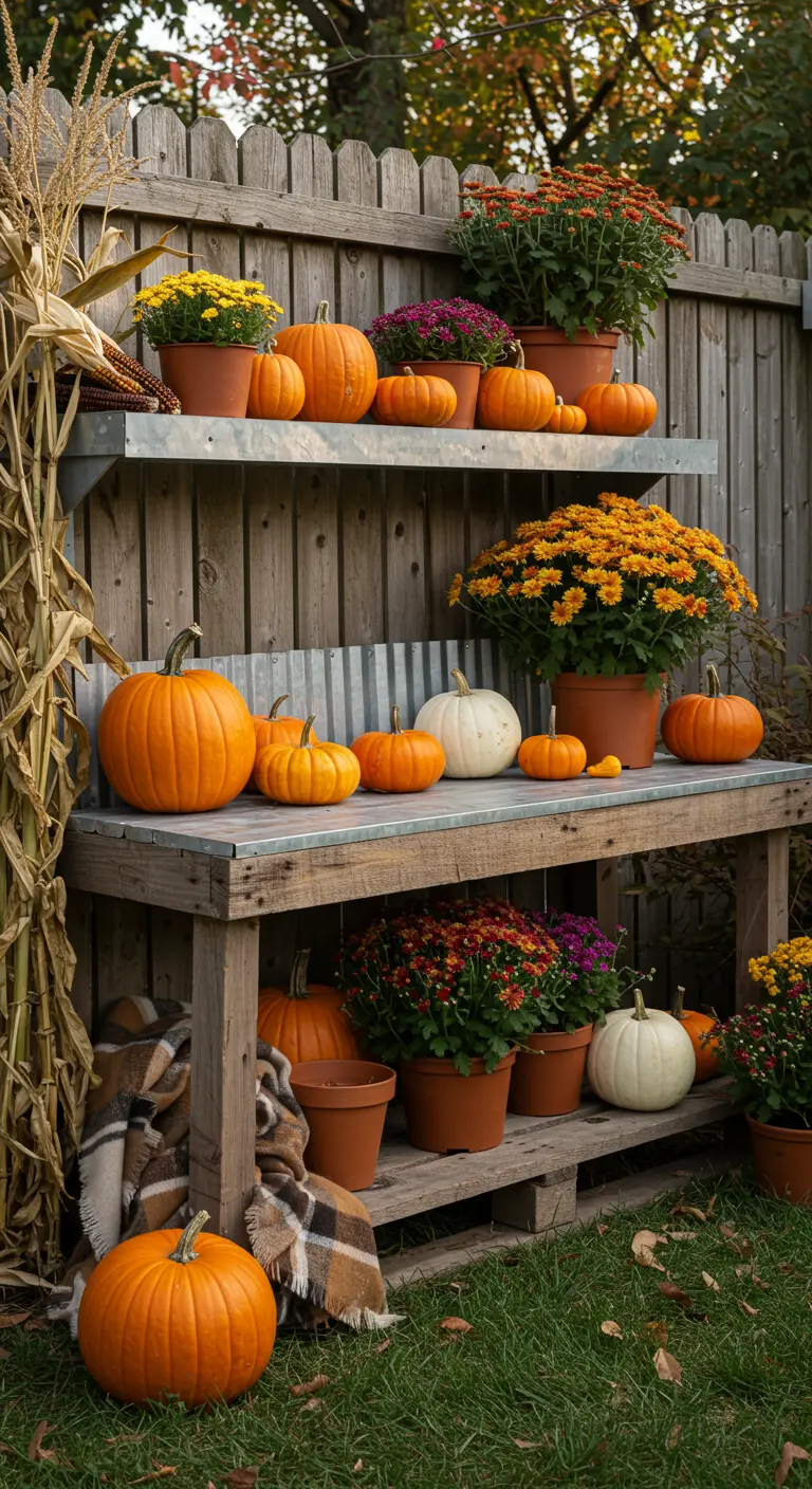 A potting bench decorated for fall with pumpkins, chrysanthemums, and a plaid throw blanket.