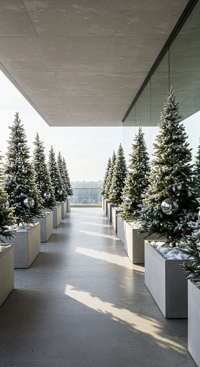 A long, modern balcony lined with a row of snow-dusted Christmas trees in concrete planters.