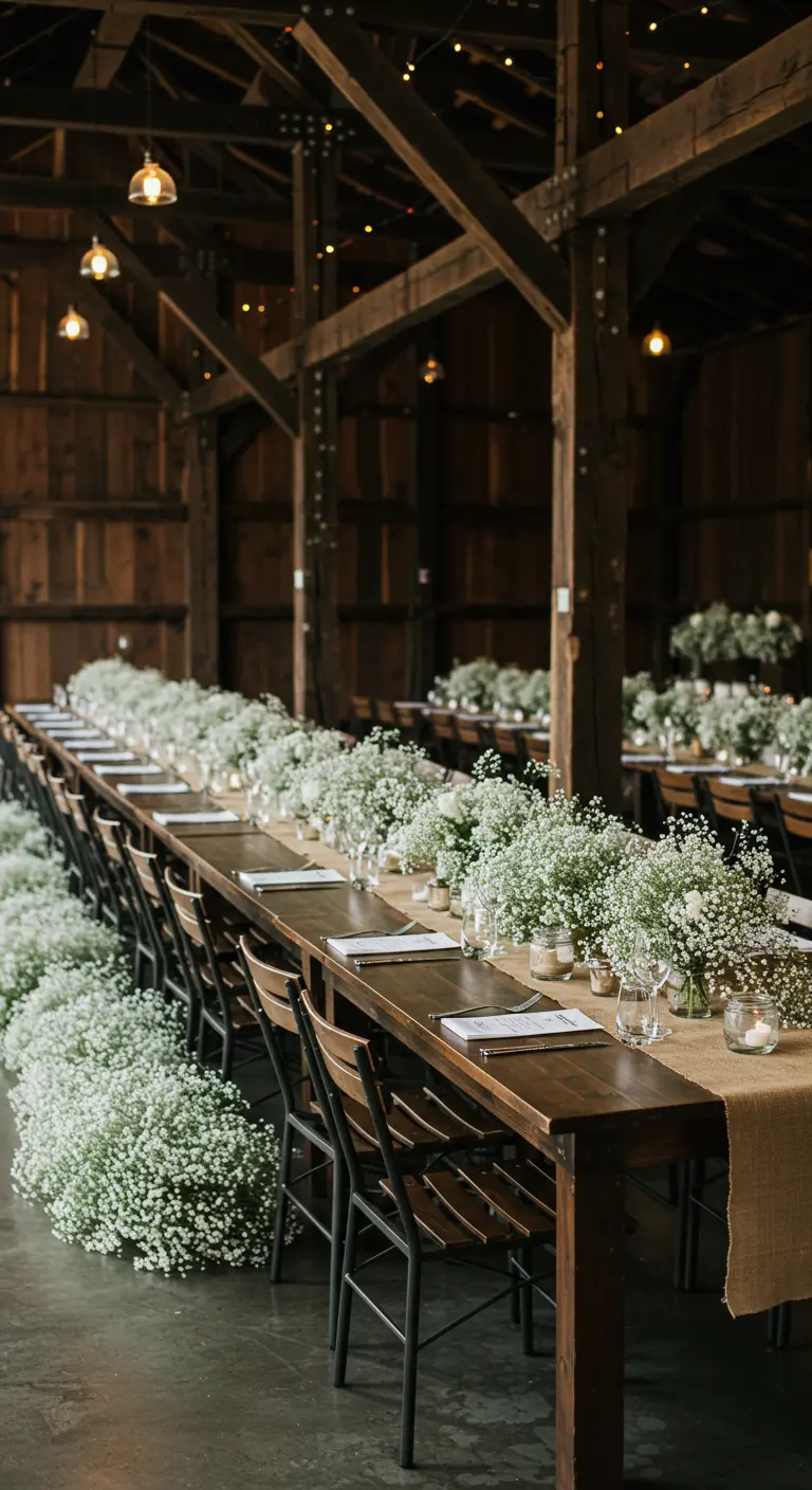 Long tables decorated with huge arrangements of baby's breath on burlap.