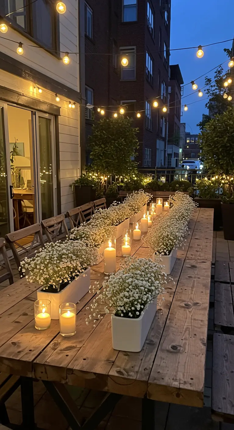 A long wooden table with a runner of baby's breath in white vases and candles.