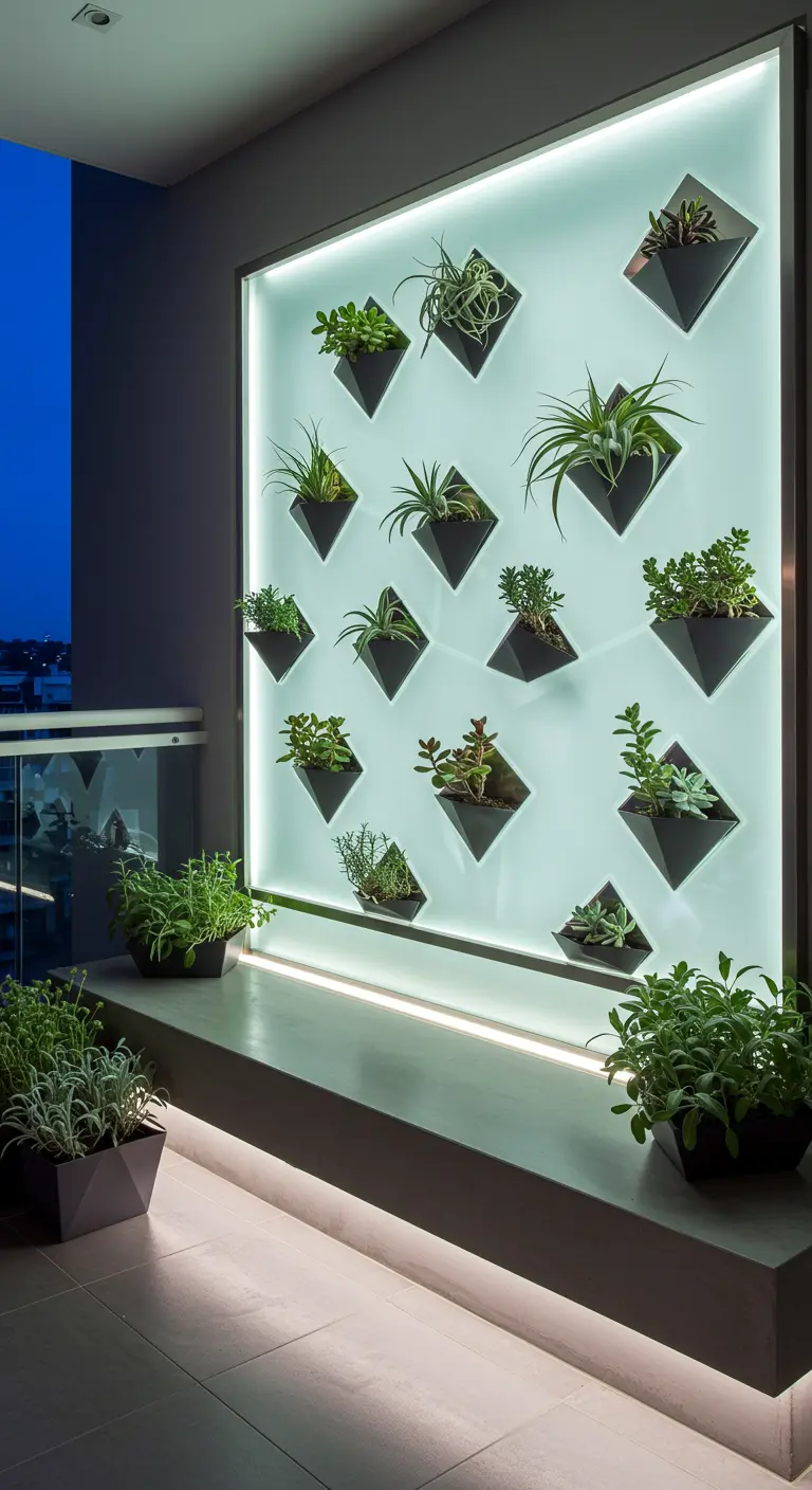 A modern balcony with a backlit wall panel featuring geometric planters holding succulents at night.