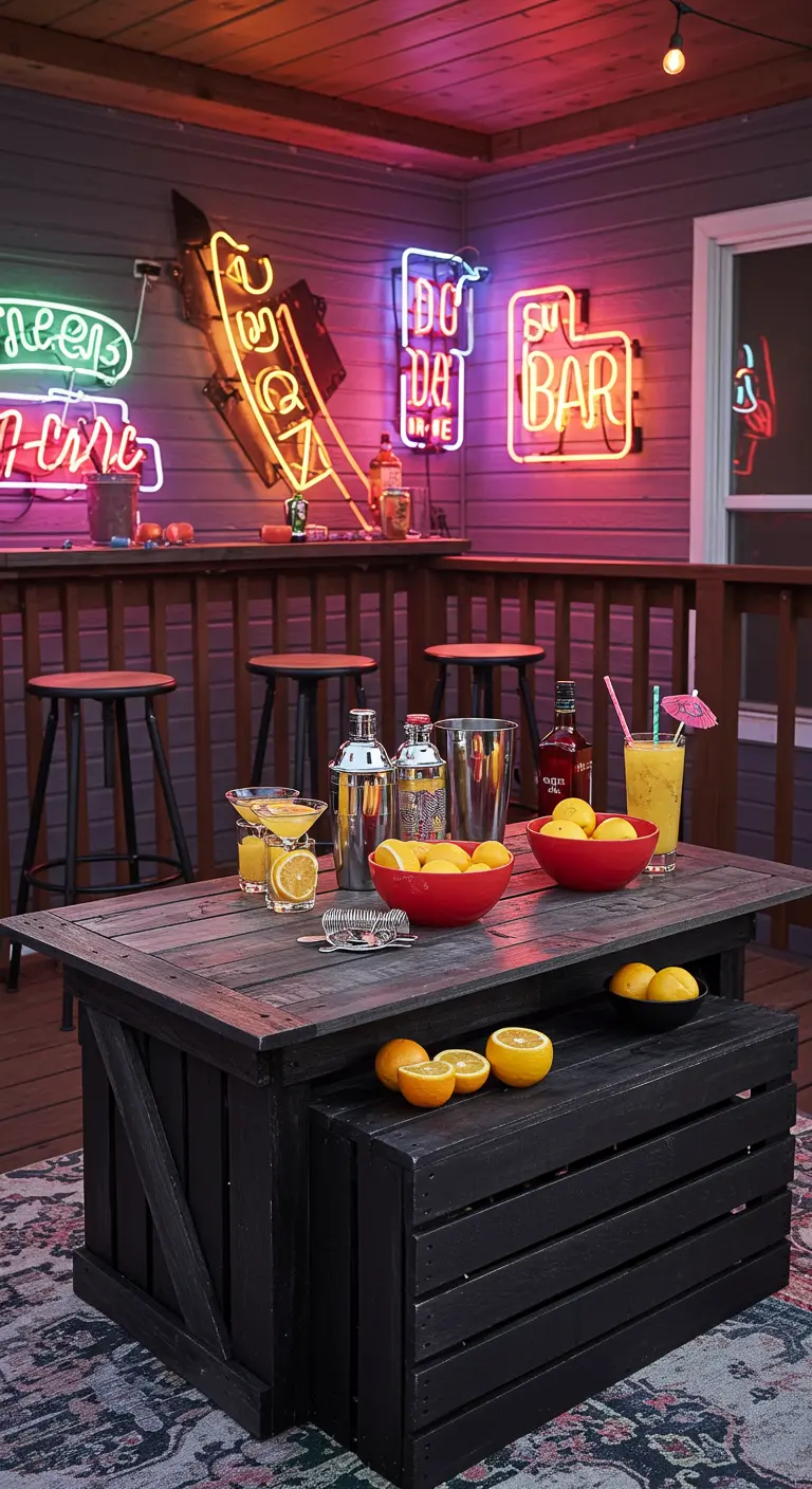 Two-tiered black crate table used as a bar on a deck with neon signs.
