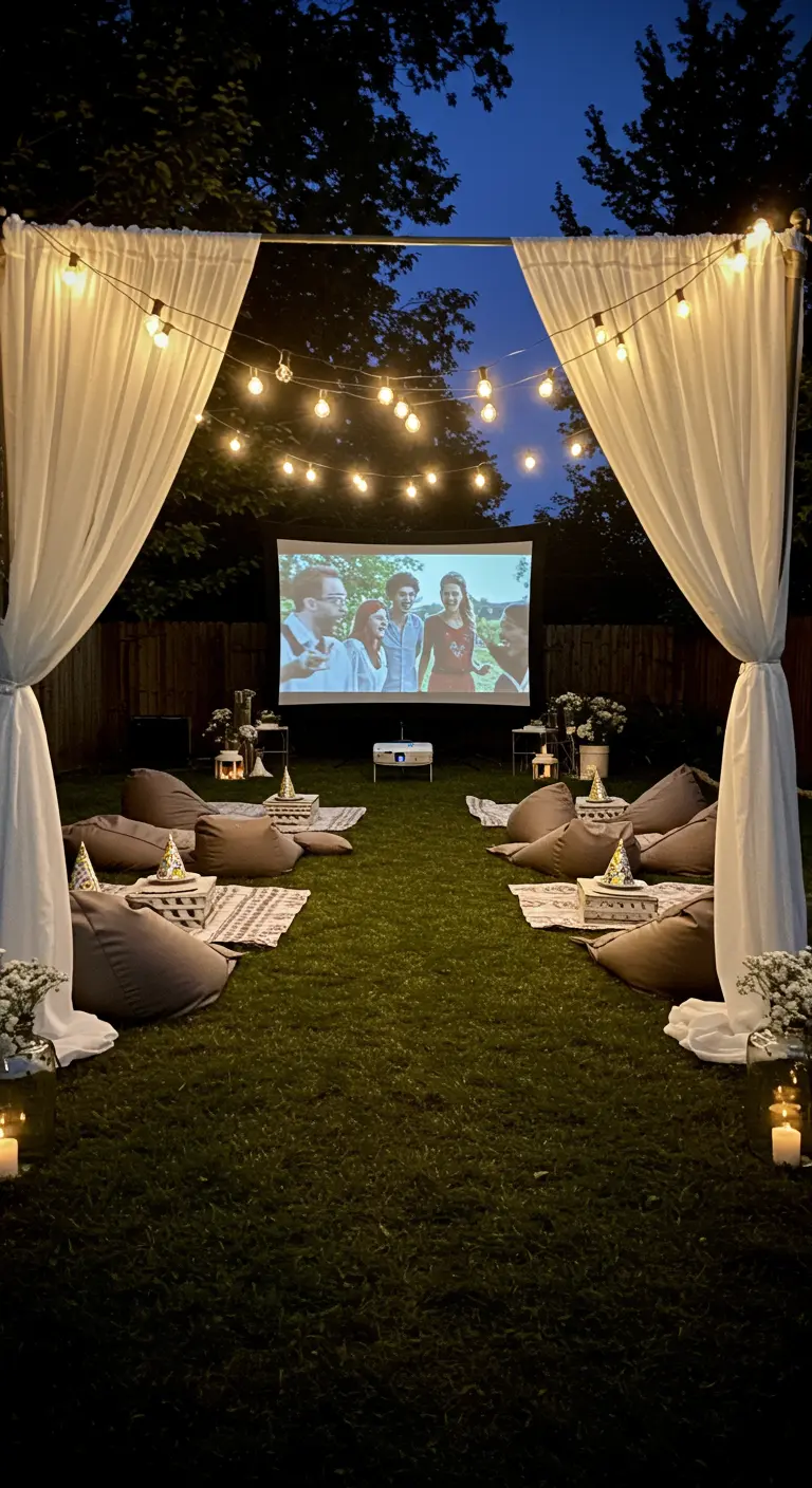 An outdoor movie night setup in a backyard with a projector screen, drapes, lights, and floor seating.