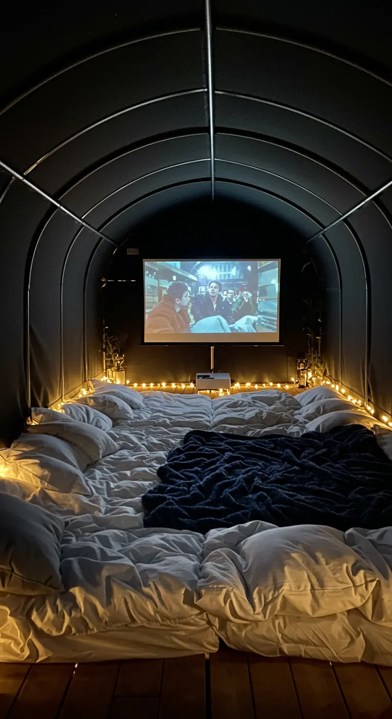 The interior of a dark tent set up as a movie theater with a projector and a bed of pillows.