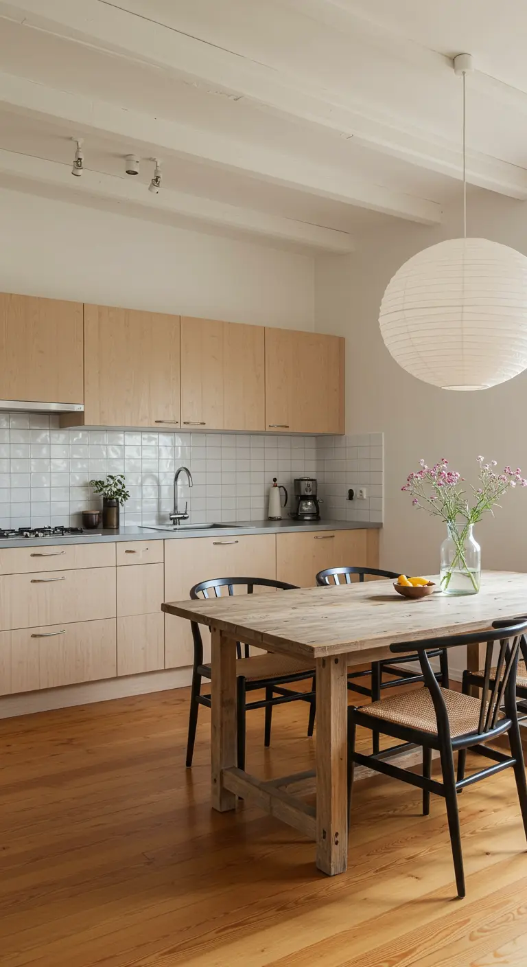 Japandi kitchen with light wood cabinets, a rustic wood table, and black wishbone chairs.