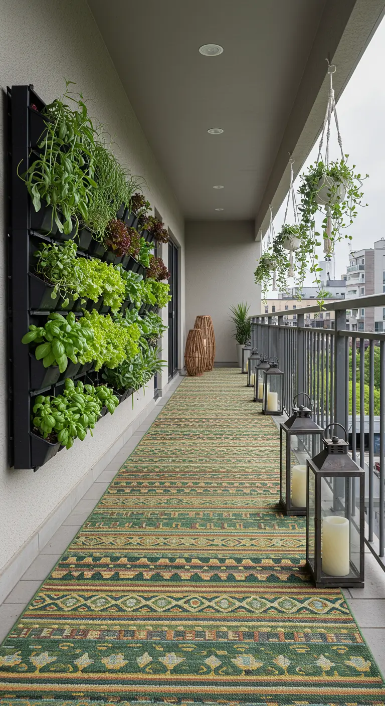 A long balcony with a vertical garden wall on one side and a patterned runner rug.