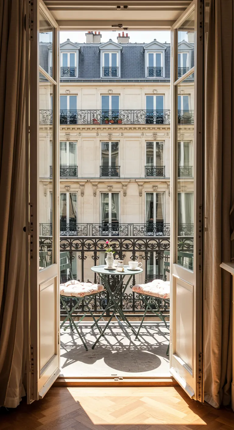 View from an apartment through open doors to a sunny balcony with a bistro set.