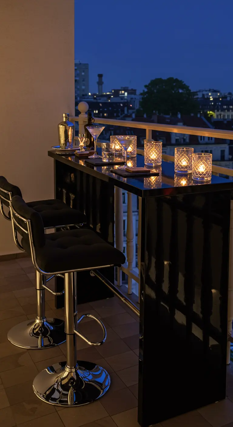A sleek black balcony bar with matching velvet stools and crystal candle holders at night.