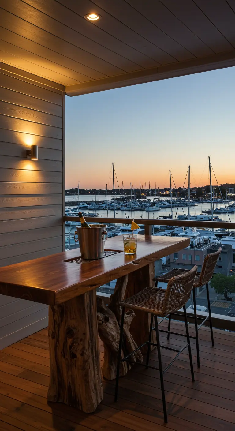 Balcony bar with a live-edge wood table and woven stools overlooking a marina at sunset.