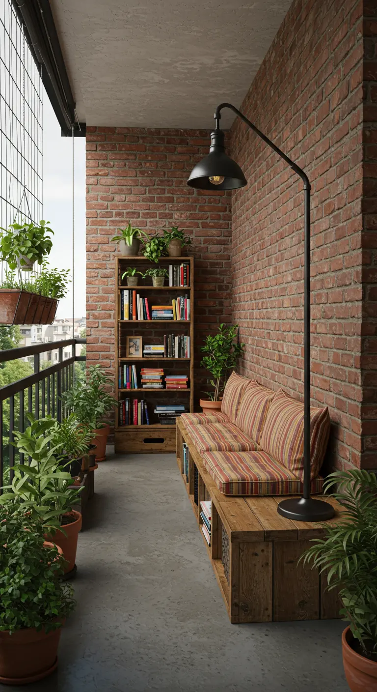 A cozy balcony filled with plants, featuring a wooden bench with a built-in bookshelf.